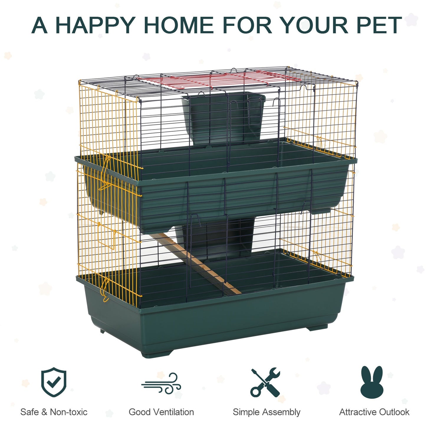 PawHut Indoor Rabbit Guinea Pig Cage Small Animal Cage Two Storey 80 x 44 x 82 cm