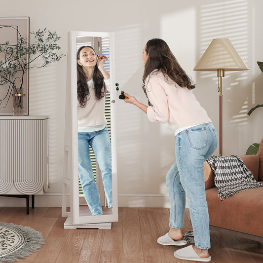 HOMCOM 360° Swivel Jewellery Cabinet, Free Standing Full Length Mirror with Storage, Lockable Jewellery Organiser with Built-in Makeup Mirror and Storage Shelves for Bedroom, White