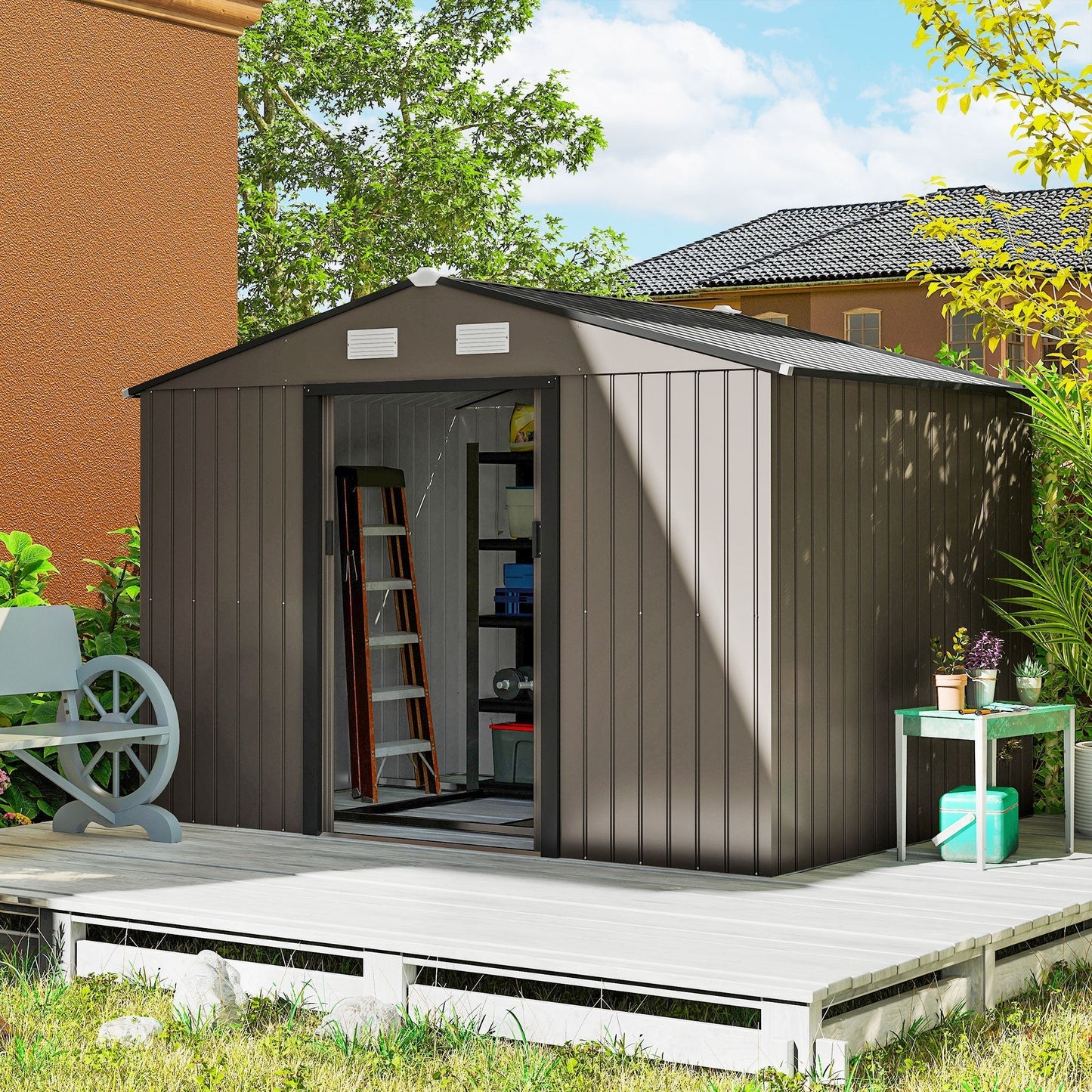 Outsunny 9 x 6ft Metal Garden Shed, Outdoor Storage Tool House with Ventilation Slots, Foundation Kit and Lockable Double Doors, Brown