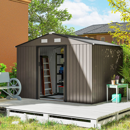 Outsunny 9 x 6ft Metal Garden Shed, Outdoor Storage Tool House with Ventilation Slots, Foundation Kit and Lockable Double Doors, Brown