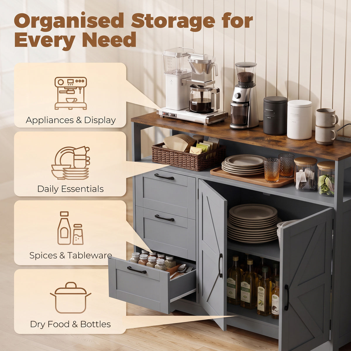 HOMCOM Sideboard Cabinet with Power Outlet, Farmhouse Kitchen Cabinet with 3 Drawers and Open Shelf, Grey
