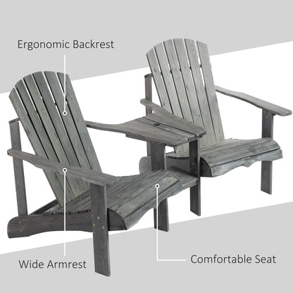 Outsunny Wooden Outdoor Double Adirondack Chairs Loveseat w/ Center Table and Umbrella Hole, Garden Patio Furniture for Lounging and Relaxing, Grey