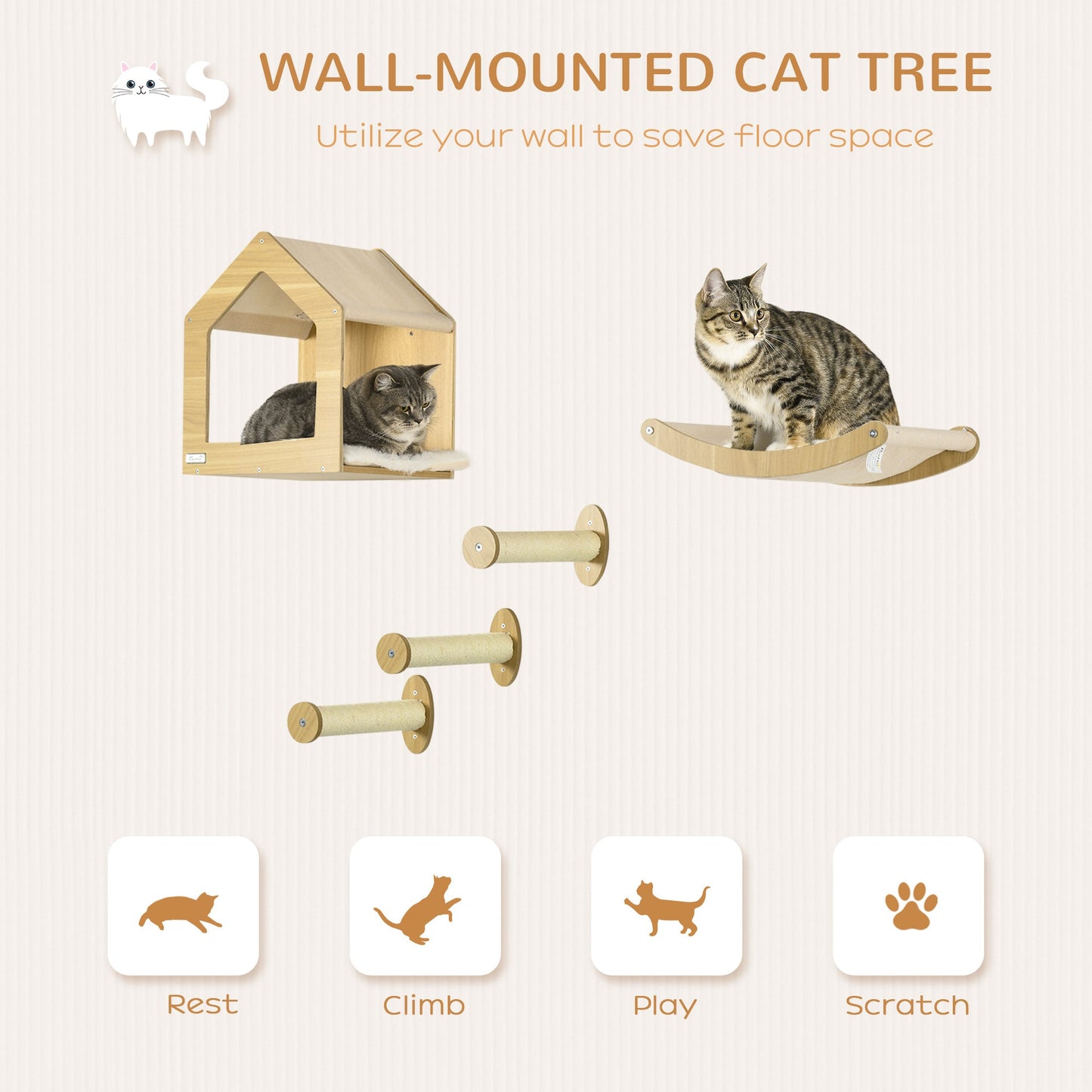 PawHut Wall Mounted Cat Shelves, with House, Hammock, Scratching Post - Oak Tone