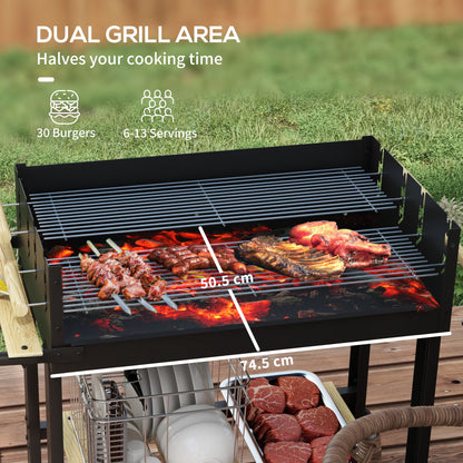 Outsunny Węgiel drzewny√Ç BBQ√Ç Grill, Wózek na grilla√Ç z podwójnym regulowanym grillem, stolikiem bocznym, półką do przechowywania i kółkami do gotowania na świeżym powietrzu w ogrodzie, czarny