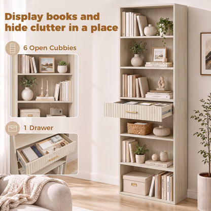 HOMCOM Bookcase Narrow Tall Space-Saving Bookshelf Drawer Open Shelves 60 x 24 x 182 cm Oak Wood Effect