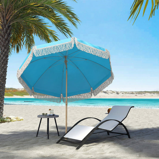 Outsunny 1.7 m Beach Umbrella with Sand Anchor, 30Â° Tilting Fringed Beach Garden Parasol with Adjustable Height, Grey
