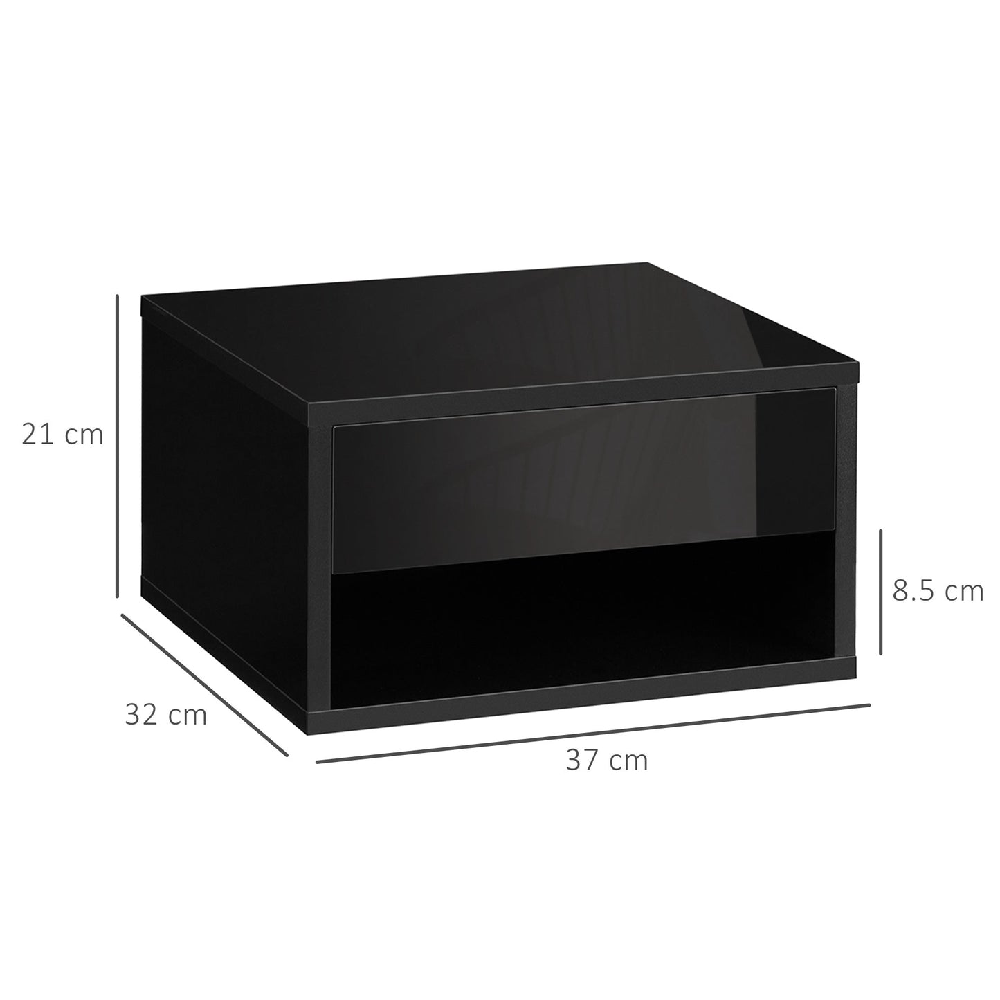 HOMCOM 2 Pieces Bedside Table Wall Mounted Nightstand with Drawer and Shelf for Bedroom, 37 x 32 x 21cm, High Gloss Black