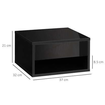 HOMCOM 2 Pieces Bedside Table Wall Mounted Nightstand with Drawer and Shelf for Bedroom, 37 x 32 x 21cm, High Gloss Black