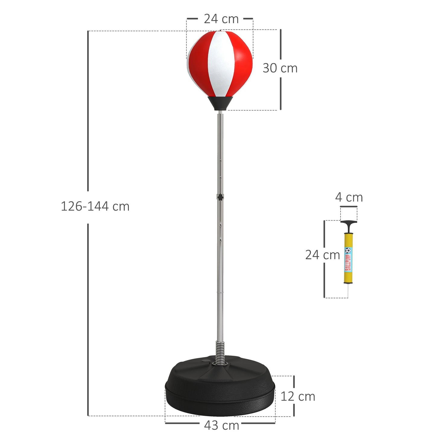 Worek bokserski HOMCOM ze stojakiem, wolnostojący zestaw bokserski, worek treningowy ze speedballem, regulowana wysokość od 126 cm do 144 cm dla nastolatków, czerwony