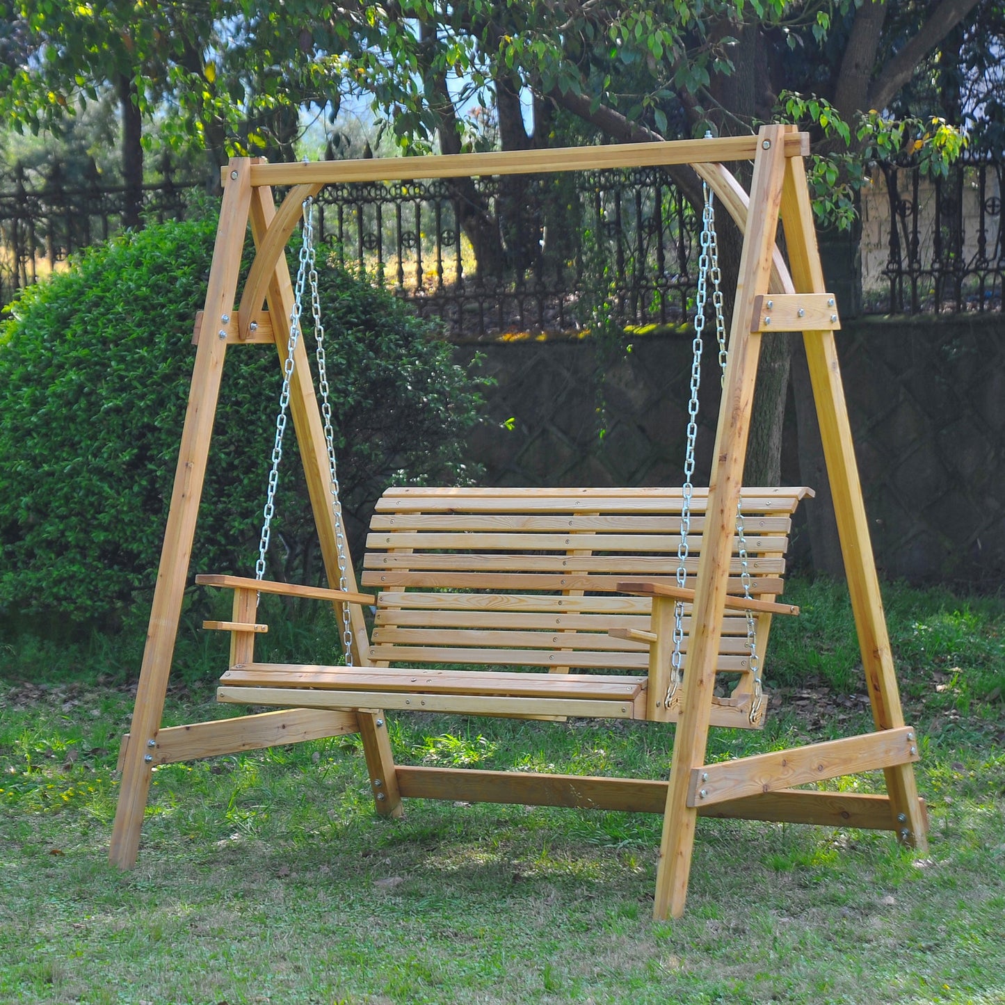 Outsunny 2 Seater Garden Swing Seat Larch Wood Swing Chair Hammock Bench Lounger - Nature