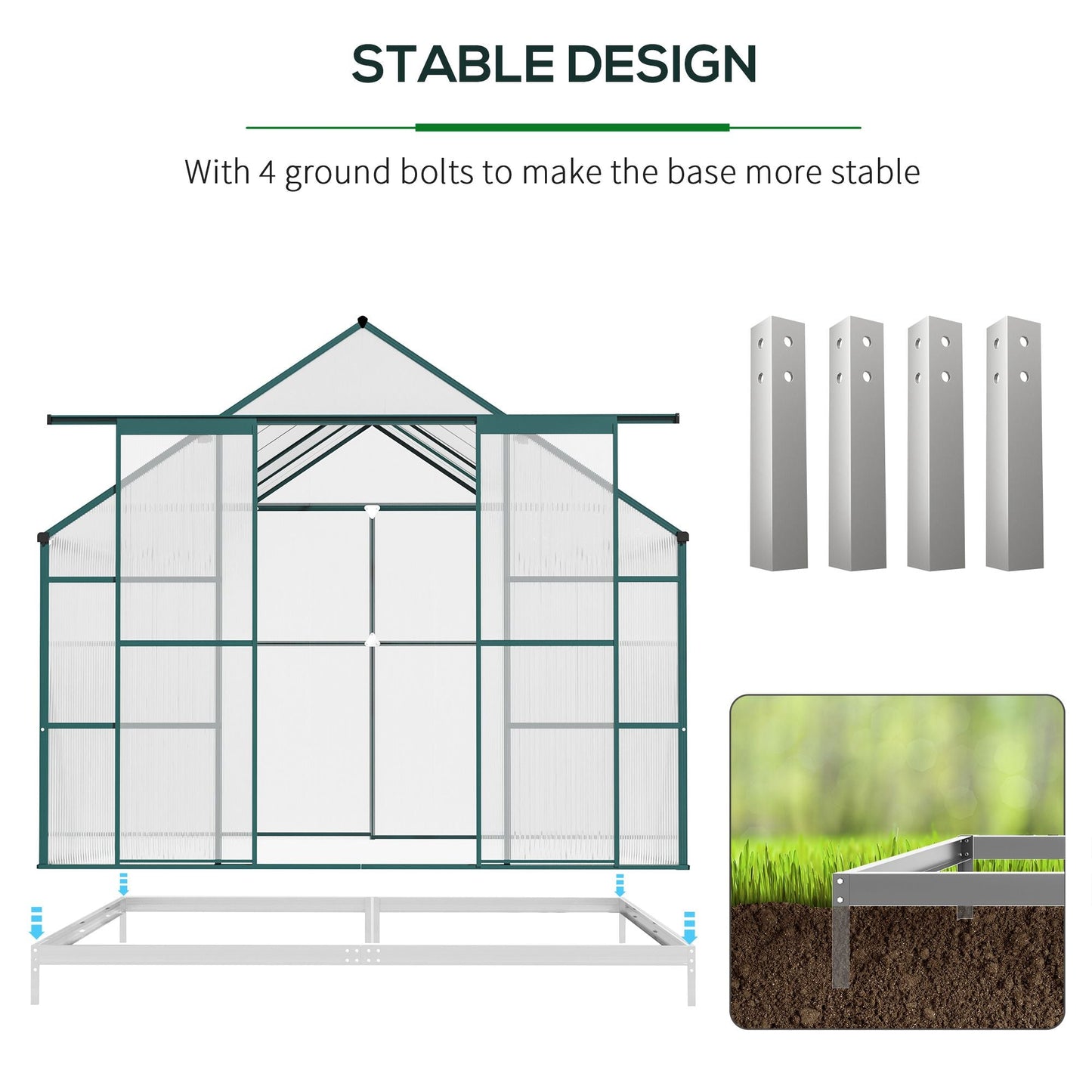 Outsunny Aluminium Greenhouse Polycarbonate Walk-in Garden Greenhouse Kit with Adjustable Roof Vent, Rain Gutter and Foundation, 8 x 12ft, Clear