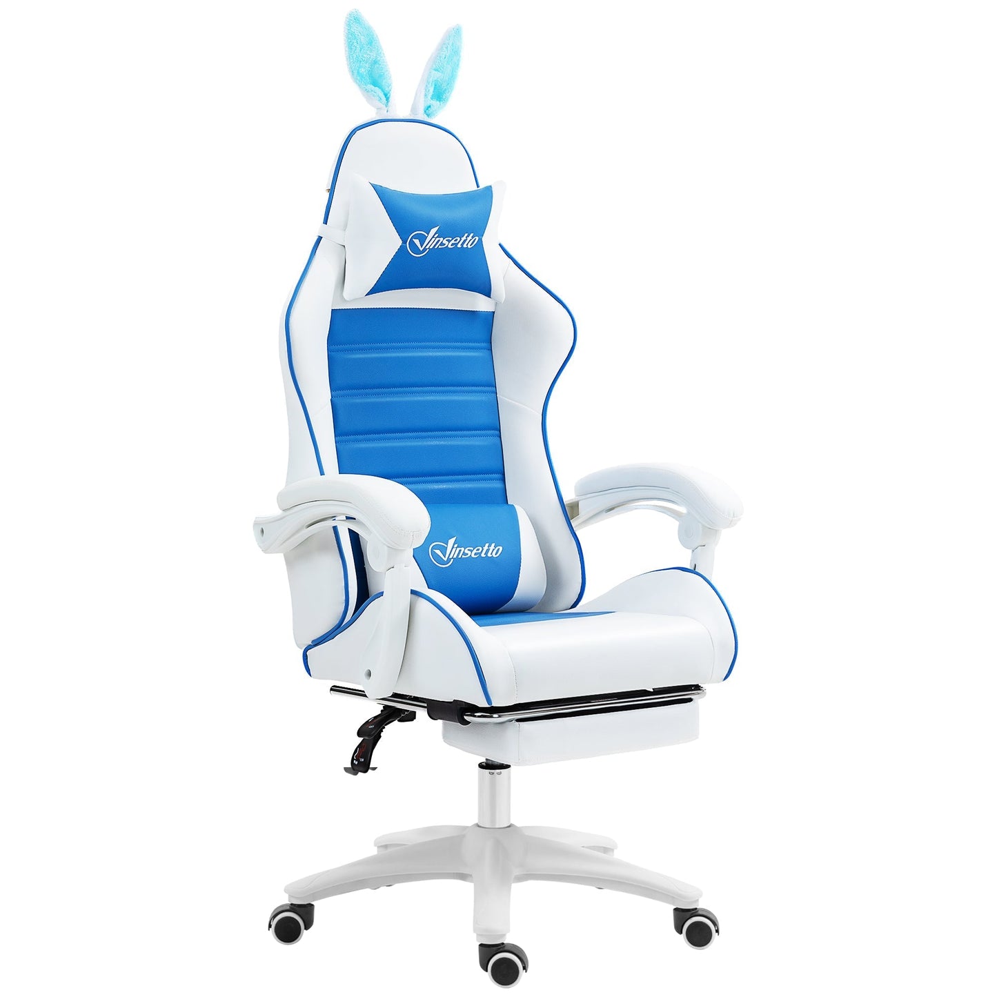 Vinsetto Racing Gaming Chair, Reclining PU Leather Computer Chair with Removable Rabbit Ears, Footrest and Lumber Support, Blue