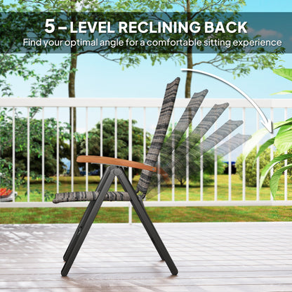 Outsunny Folding Rattan Garden Dining Chair with 5-level Reclining High Back, Wood Armrests for Outdoor, Patio - Mixed-grey
