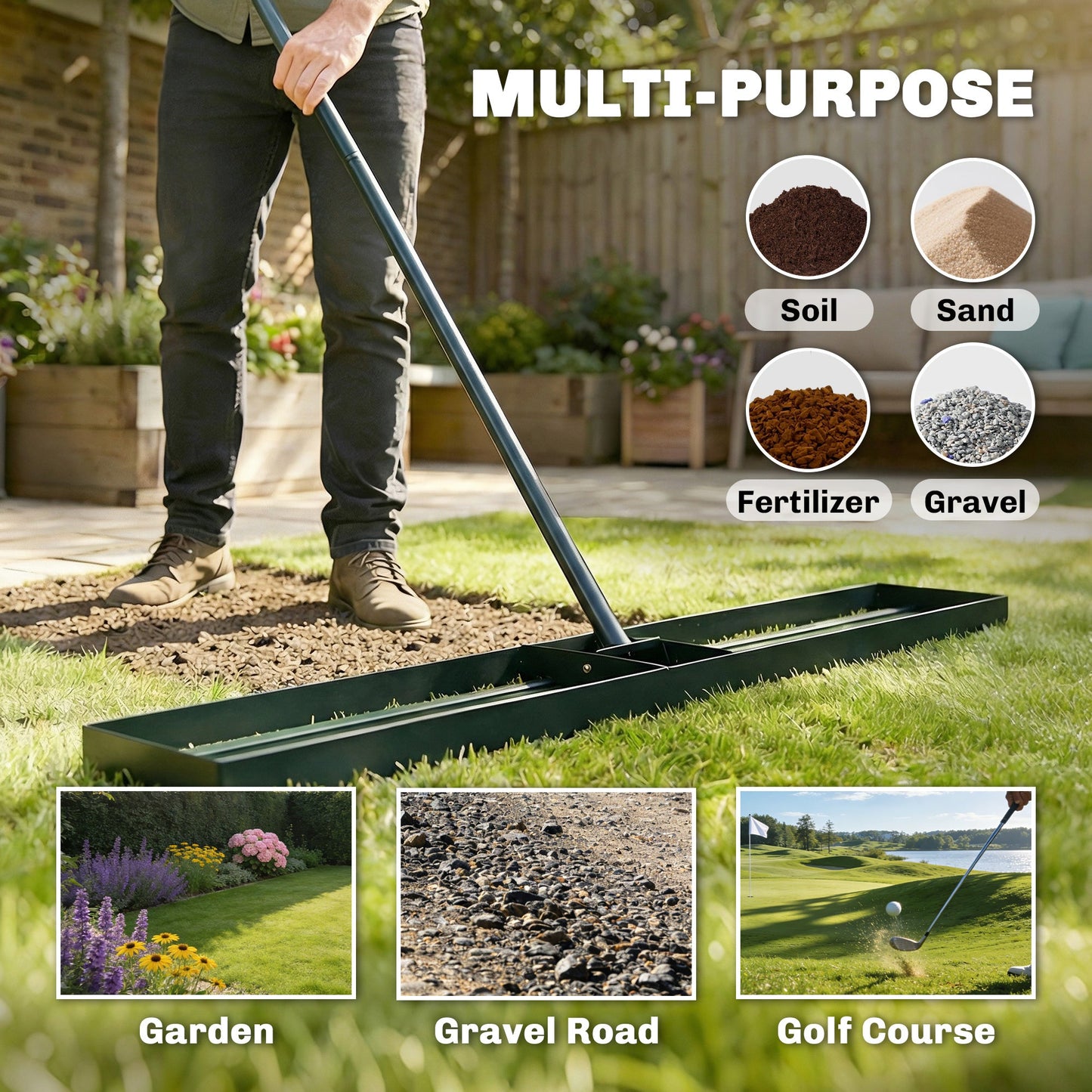 Outsunny Lawn Levelling Rake, 113 x 26 cm Lawn Leveller Lute with 169 cm Handle for Grass Soil Sand Yard Golf Course