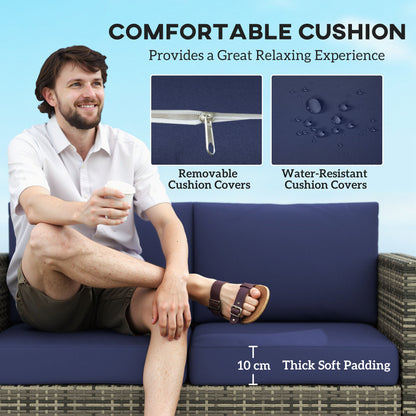 Sofa rattanowa Outsunny, 2-osobowa, ogrodowa z miękką, wyściełaną poduszką i podłokietnikami, wiklinowa sofa ogrodowa na patio, granatowa
