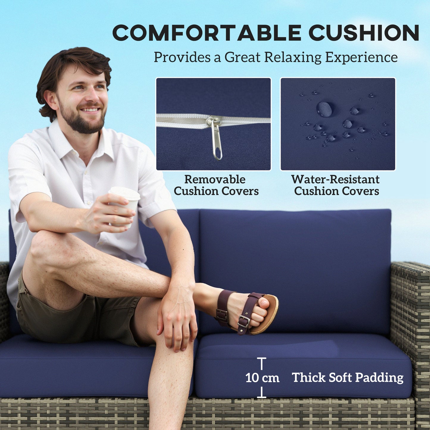 Outsunny 2-osobowe meble ogrodowe, sofa rattanowa z miękką wyściełaną poduszką i podłokietnikami, wiklinowa ogrodowa sofa dwuosobowa na patio, granatowa