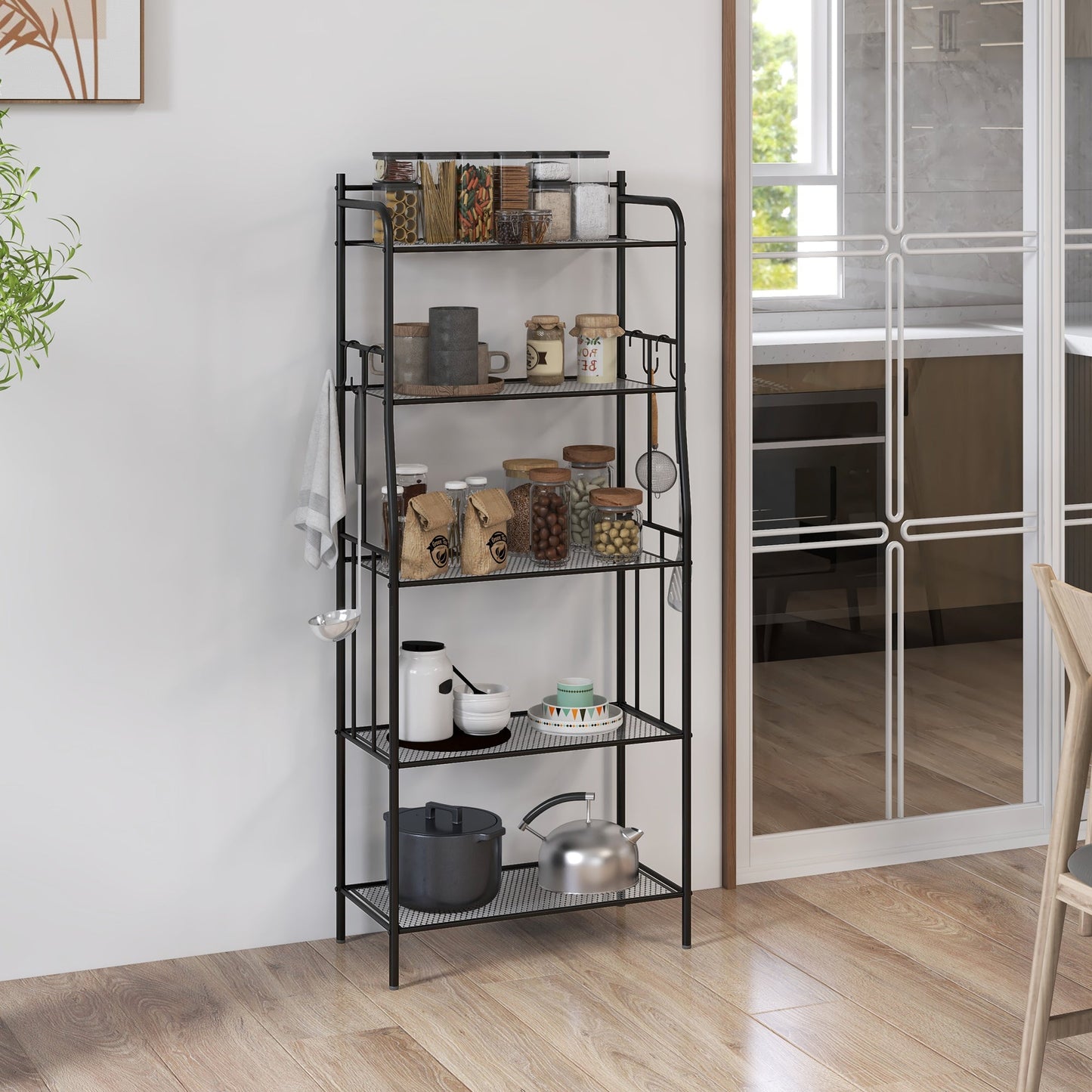 5-Tier Kitchen Storage Unit, Microwave Stand with 5 Mesh Open Shelves and 4 Hooks, Modern Coffee Bar Station with Steel Frame for Living Room, Black