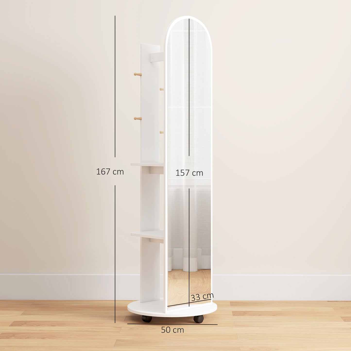 HOMCOM 2-in-1 Full Length Mirror with Storage Shelves, Floor Mirror with 4 Wheels, Coat Rack, Hooks, White