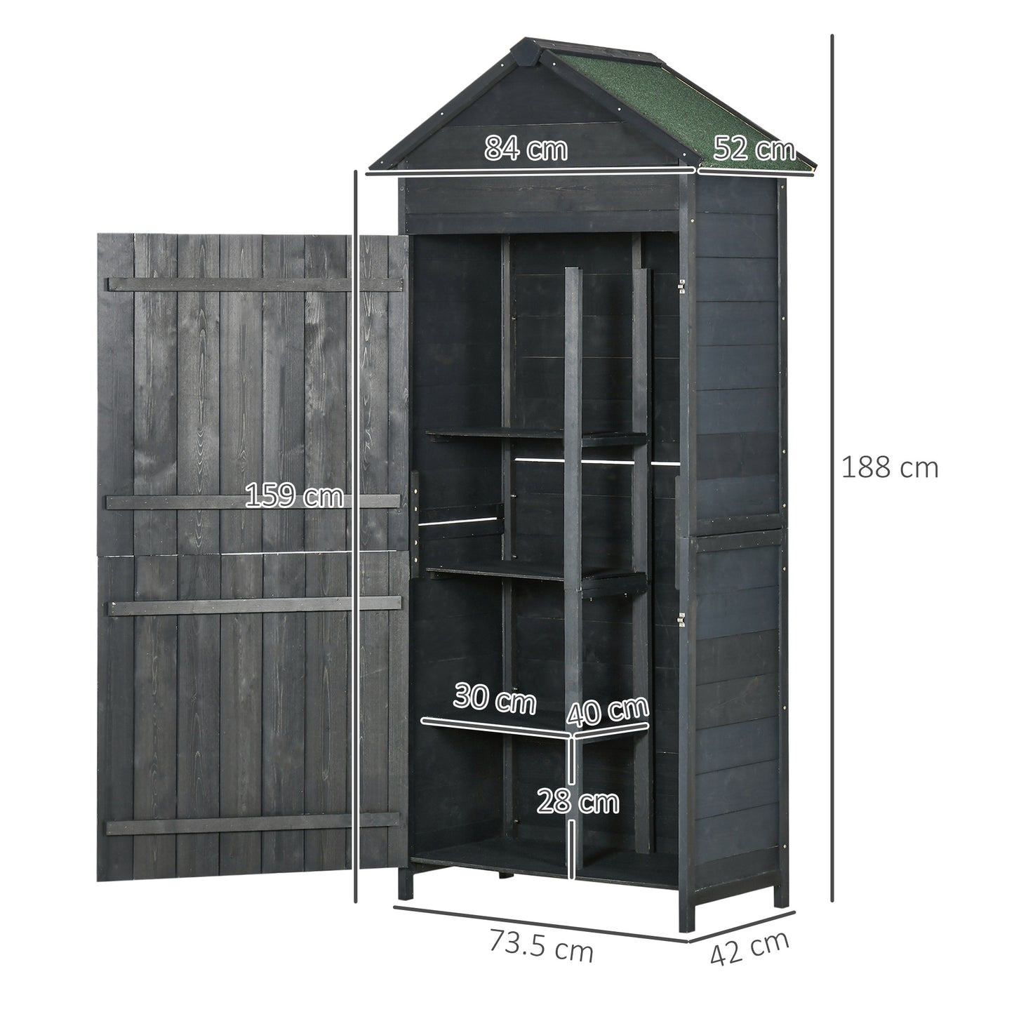 Outsunny Garden Shed 4-poziomowy drewniany domek ogrodowy na zewnątrz 3 półki szafka ogrodowa zamykana na klucz 2 drzwi - szary