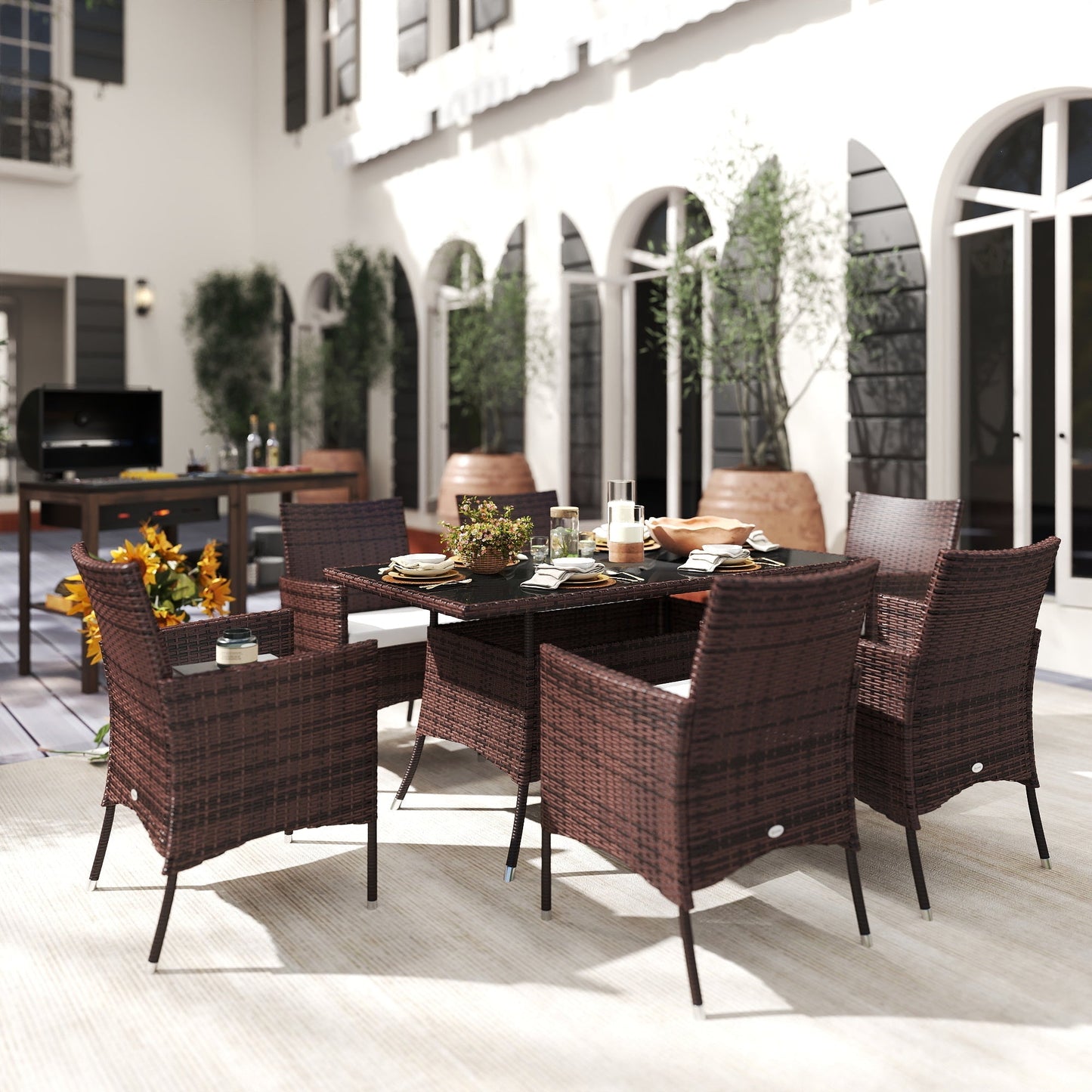 Outsunny 6 Seater Rattan Dining Set with Cushions, Rattan Garden Furniture Set with 6 Armchairs, Rectangular Glass Top Table, Outdoor Dining Table and Chairs, Brown