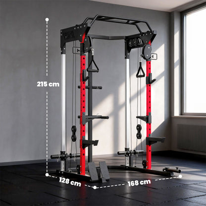 SPORTNOW Power Cage Smith Machine, Power Rack with Adjustable Cable Pulley System, Pull-Up Bar, Dip Station, Landmine