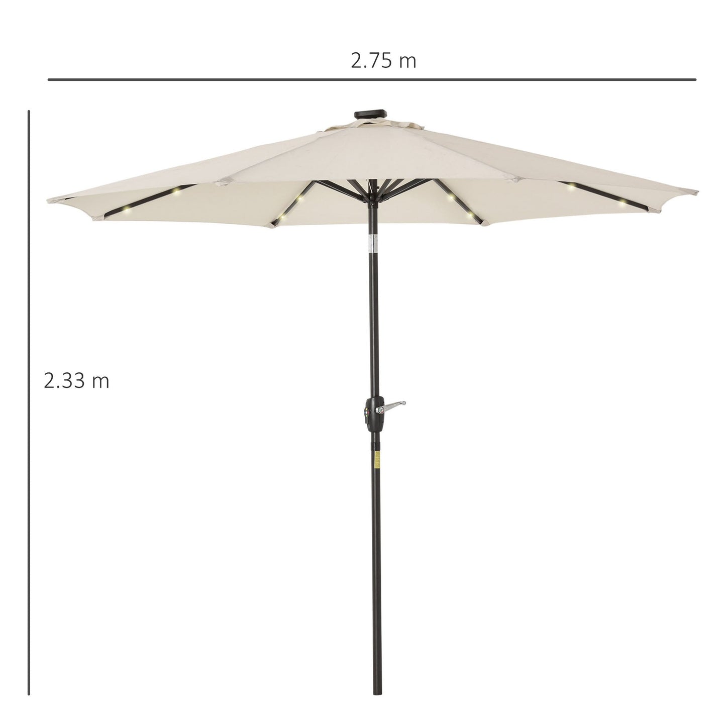 Outsunny 2,7 ​​m Parasol ogrodowy z 24 diodami LED, solarny, uchylny, na patio, klubowy, imprezowy, ręczny, z korbą i 8 żebrami, w kolorze złamanej bieli