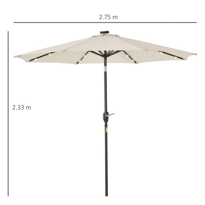 Outsunny 2,7 ​​m Parasol ogrodowy z 24 diodami LED, solarny, uchylny, na patio, klubowy, imprezowy, ręczny, z korbą i 8 żebrami, w kolorze złamanej bieli