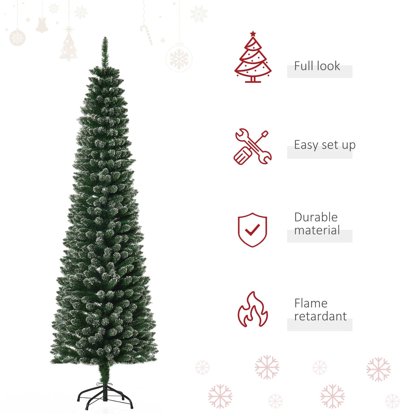 6.5FT Artificial Snow Dipped Christmas Tree Xmas Pencil Tree Holiday Home Indoor Decoration with Foldable Black Stand, Green