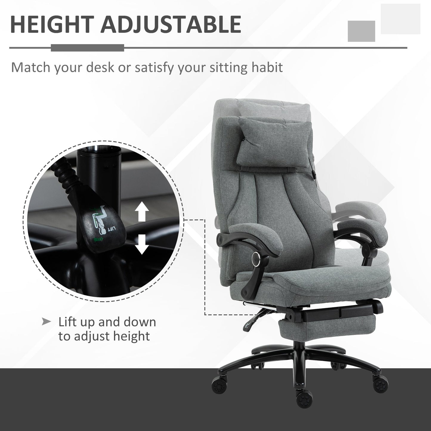 Vinsetto Office Chair, Fabric Desk Chair with Adjustable Massage Pillow, USB Power and Retractable Footrest, High Back, 360¡ Swivel, for Home, Grey