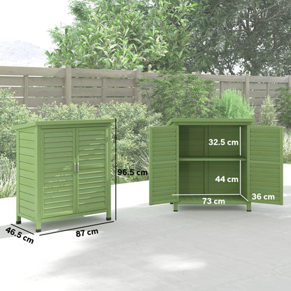 Outsunny Garden Shed Wooden Garden Storage Shed 2 Door Unit Solid Fir Wood Garage Tool Organisation Cabinet, 87L x 46.5W x 96.5Hcm, Green