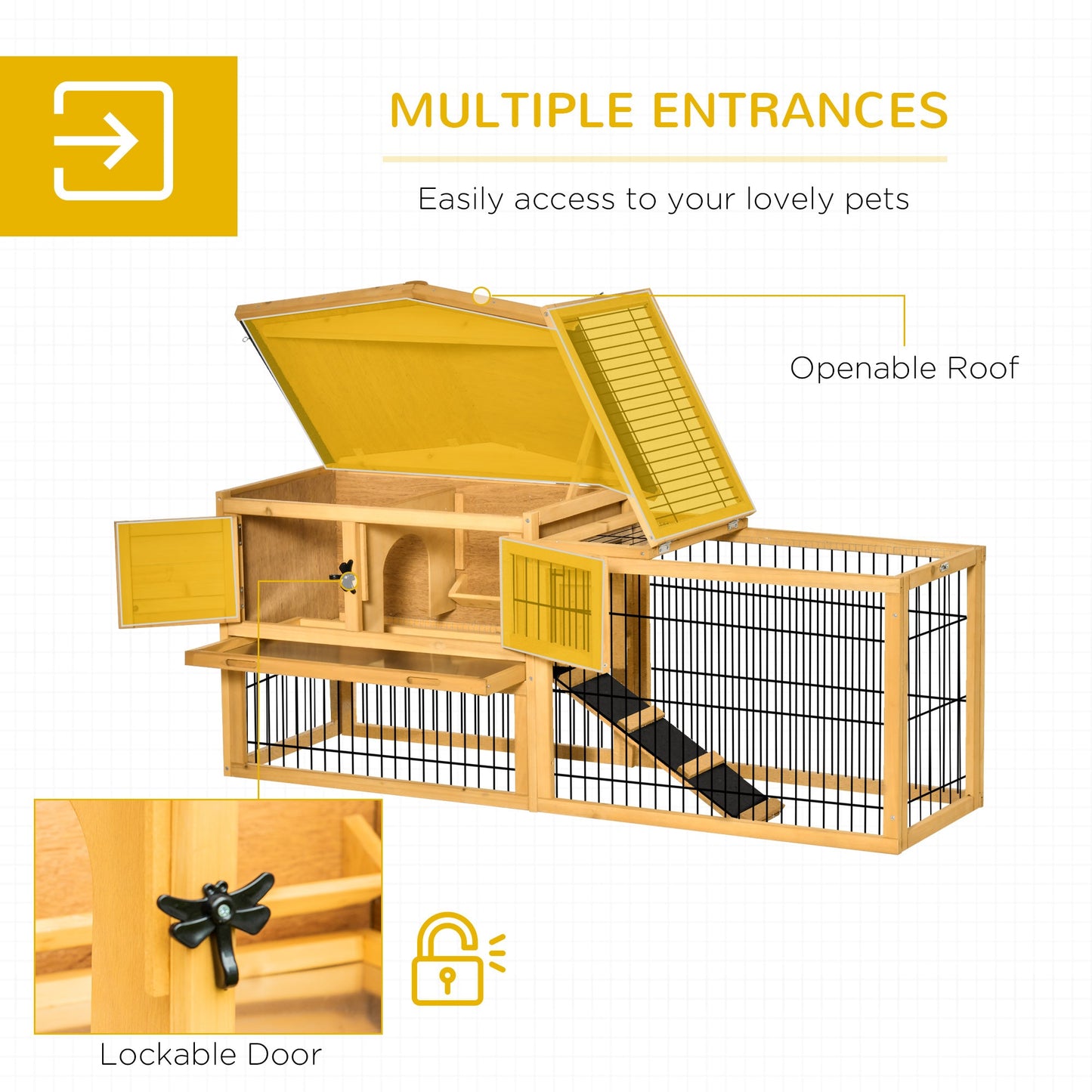 PawHut Rabbit Hutch Outdoor, Wooden Guinea Pig Hutch with Rabbit Run 2 Level Design Water Resistant Openable Roof 150 x 52.5 x 68 cm, Yellow