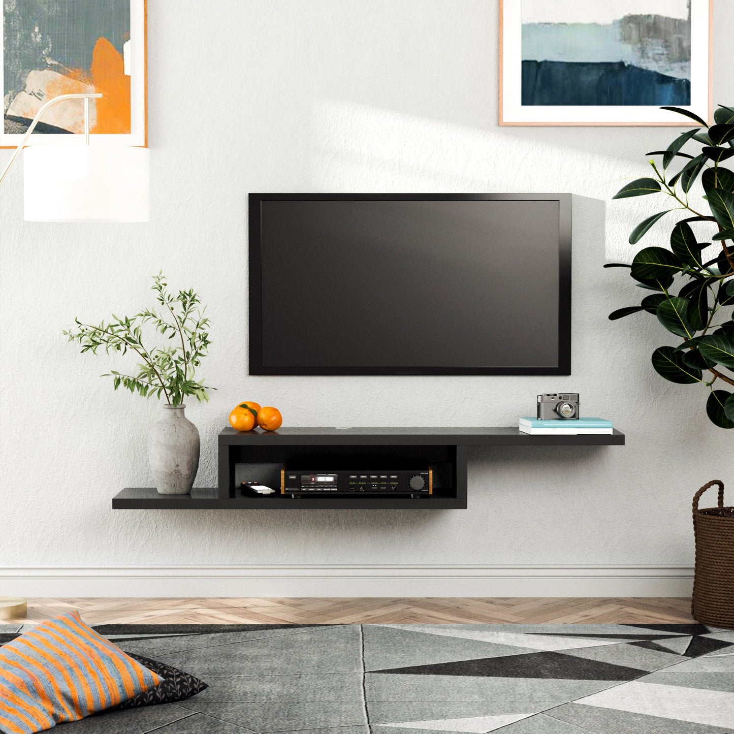 HOMCOM Floating TV Unit, Wall Mounted TV Stand with Open Shelf and 2 Cable Holes, Entertainment Unit for Living Room, Black