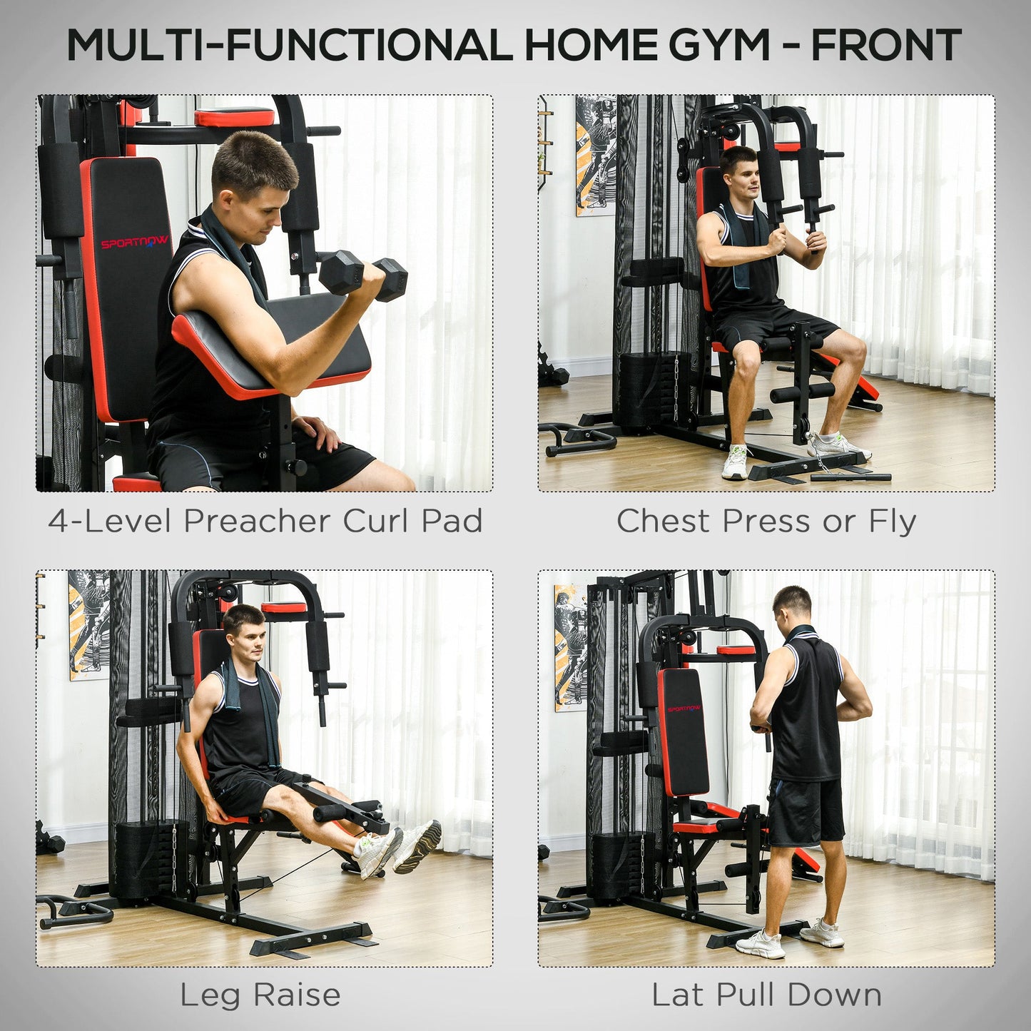 SPORTNOW Multi Gym Workout Station, Weight Machine with 65kg Weight Stack, Sit Up Bench, Push Up Stand, Dip Station