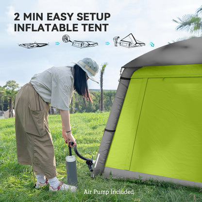 Outsunny Inflatable Camping Tent w/ Hand Pump, Easy Setup 1/2 Person Blow Up Tent Waterproof 190T Taffeta w/ Mesh Windows, Doors and Carry Bag, Green