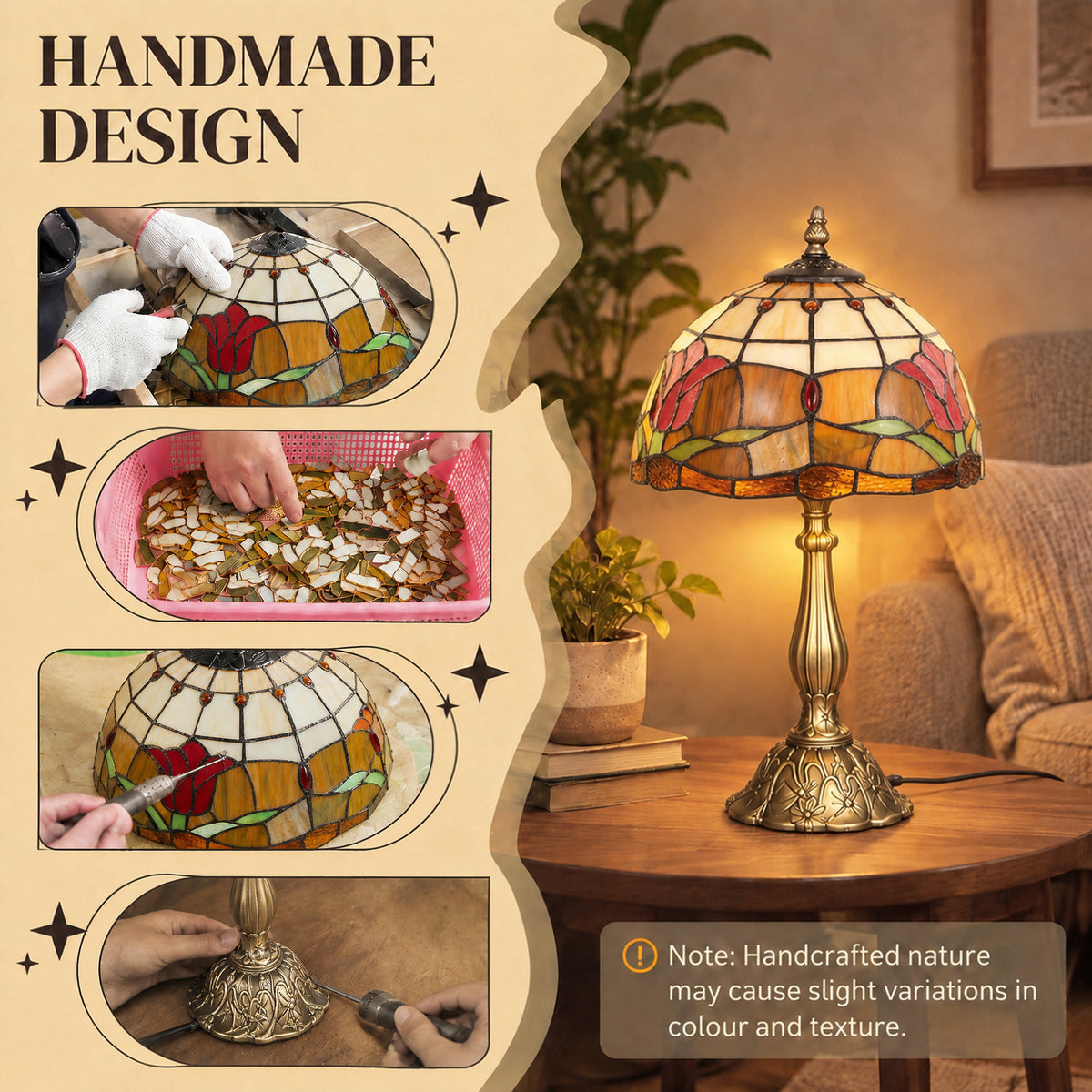 HOMCOM Tiffany Stained Glass Table Lamp, Handcrafted Artisan Lamp, Red, Ø25 x 45H cm, Zinc Alloy