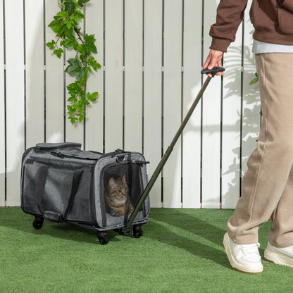 PawHut 4 in 1 Pet Carrier On Wheels for Cats, Miniature Dogs with Telescopic Handle, Storage, Grey