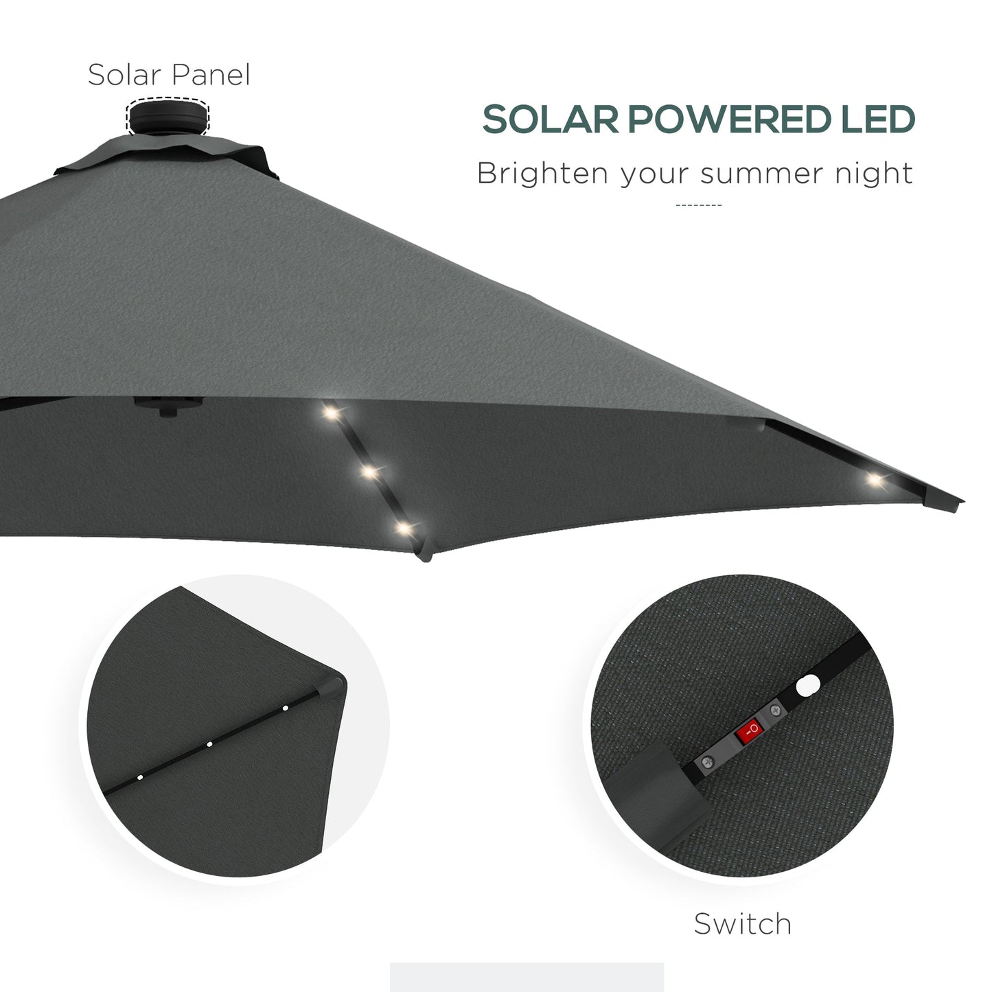 مظلة Outsunny 3(m) للحديقة مع إضاءة LED بالطاقة الشمسية وقاعدة متقاطعة وغطاء مقاوم للماء، رمادي داكن