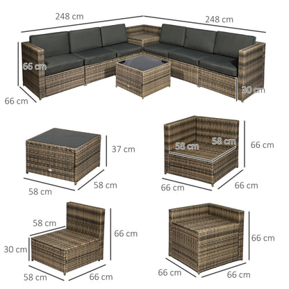 Outsunny 8 Pieces Outdoor PE Rattan Sofa Set with Cushions, Patio Garden Furniture Sets with Glass Top Coffee Table, Storage Corner Table, Mixed Brown