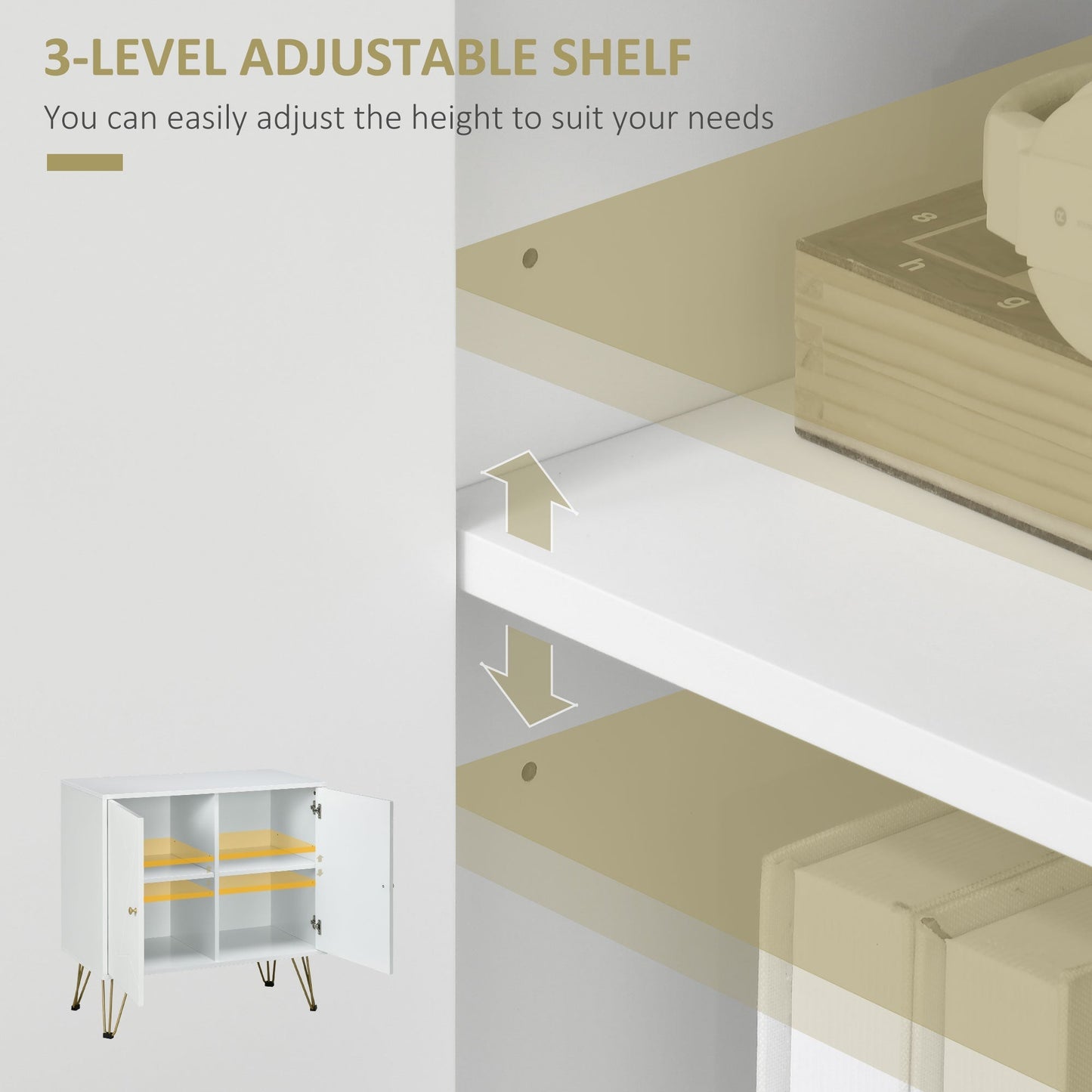 Storage Cabinet with Golden Tone Legs & Adjustable Shelves - White