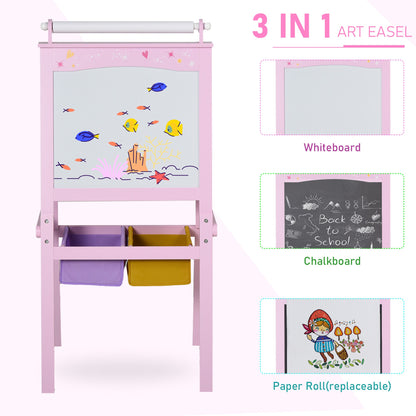 HOMCOM Kids Easel 3 w 1 Drewniana tablica artystyczna z rolką papieru, dwustronna tablica kredowa i biała z koszami do przechowywania dla małych dziewczynek, różowa