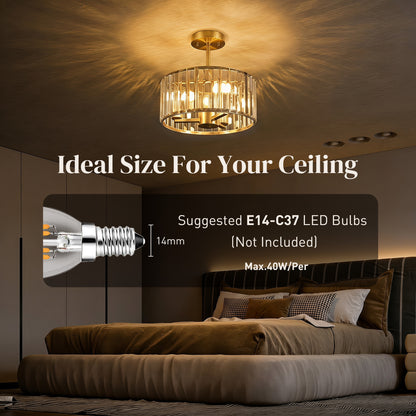 HOMCOM Semi Flush Mount Modern Crystal Chandelier Ceiling Light, Crystal Ceiling Light Fixture with E14 Base, Gold