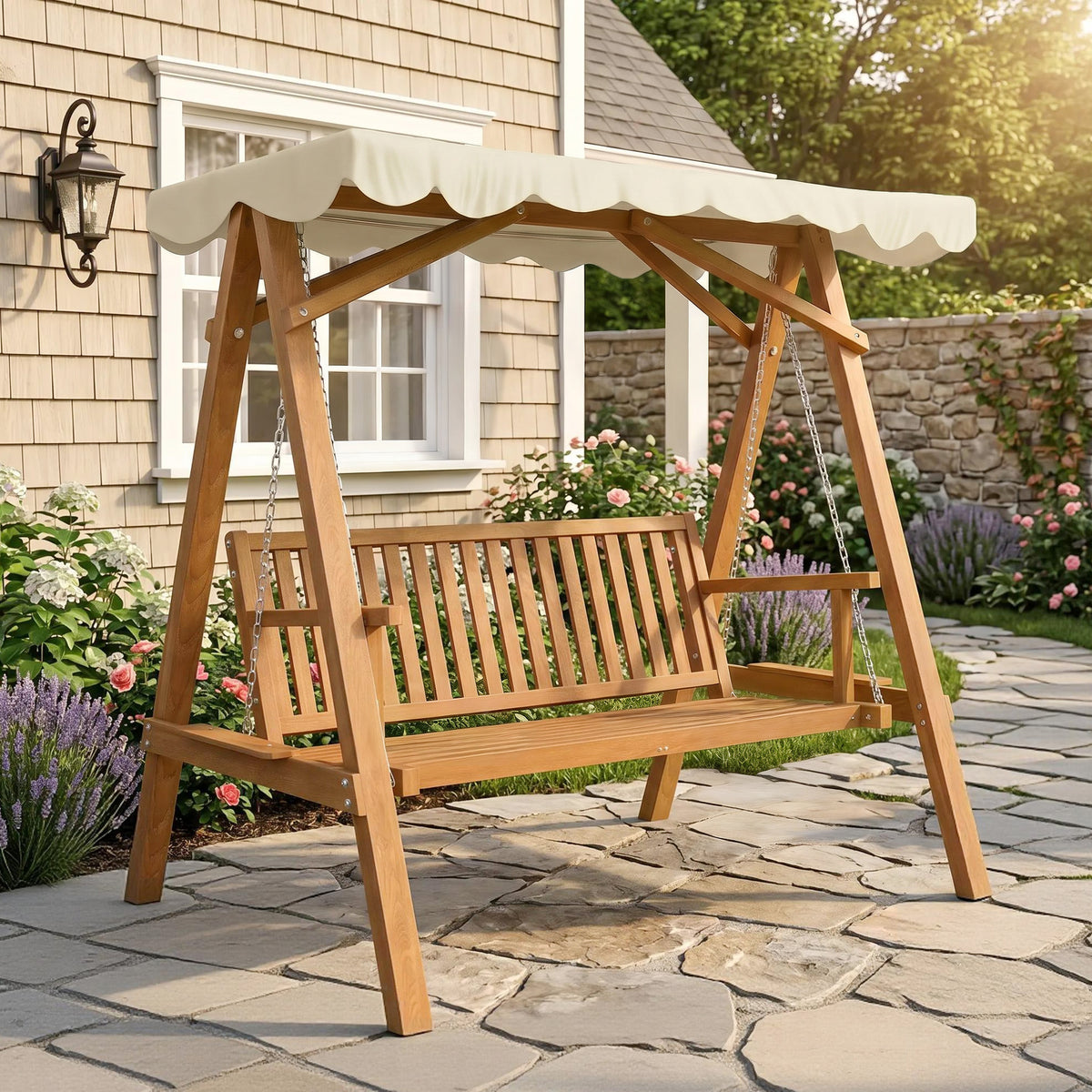 Outsunny 2 Seater Garden Swing Seat with Canopy, Wooden Swing Chair, Outdoor Hammock Bench for Balcony Patio Porch, Cream White