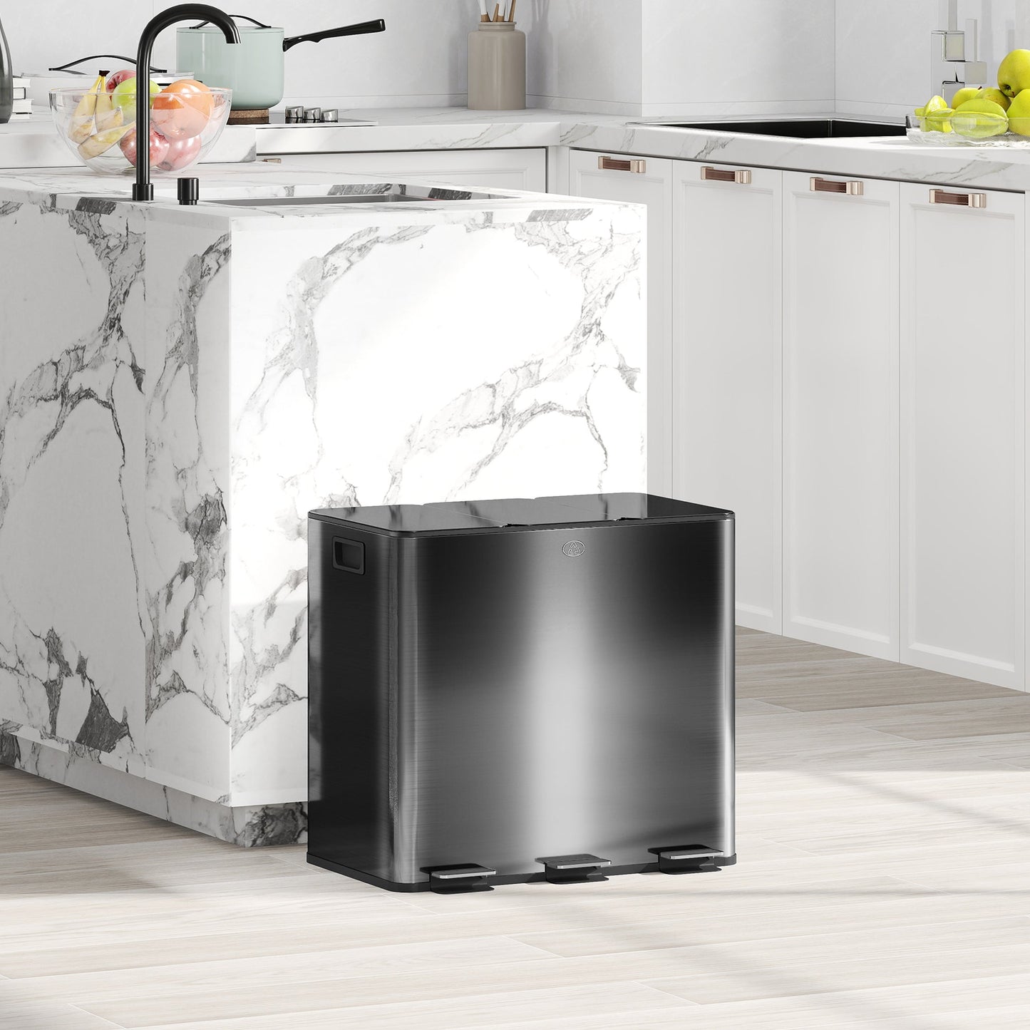 HOMCOM 3 x 15L Pedal Bin, Steel Triple Kitchen Bin with Soft Close Lid, Removable Inner Buckets, Fingerprint-Proof, Black