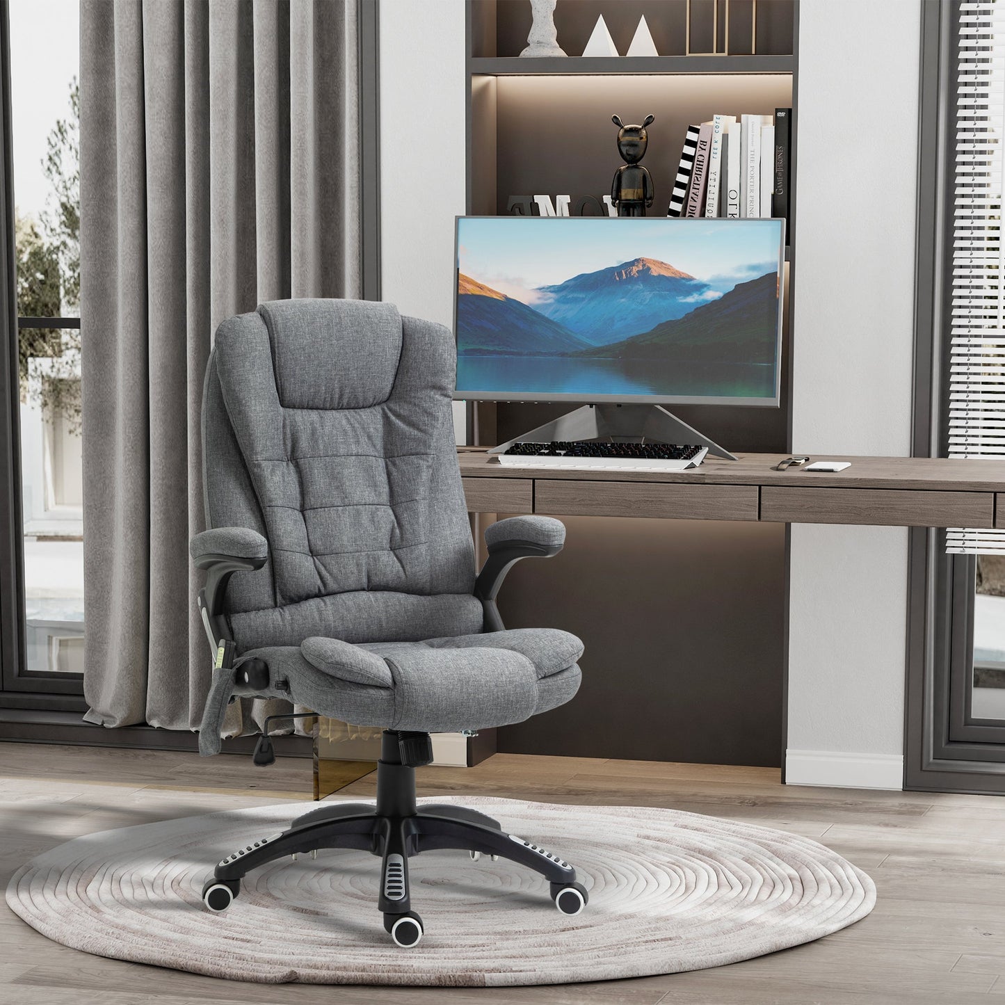 Vinsetto Massage Recliner Chair Heated Office Chair with Six Massage Points Linen-Feel Fabric 360¡ Swivel Wheels Grey