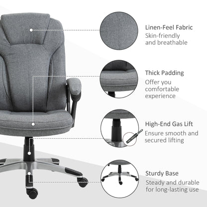 Vinsetto Office Chair, Linen Fabric Desk Chair, Height Adjustable Computer Chair with Padded Armrests, Swivel Wheels and Tilt Function, Grey