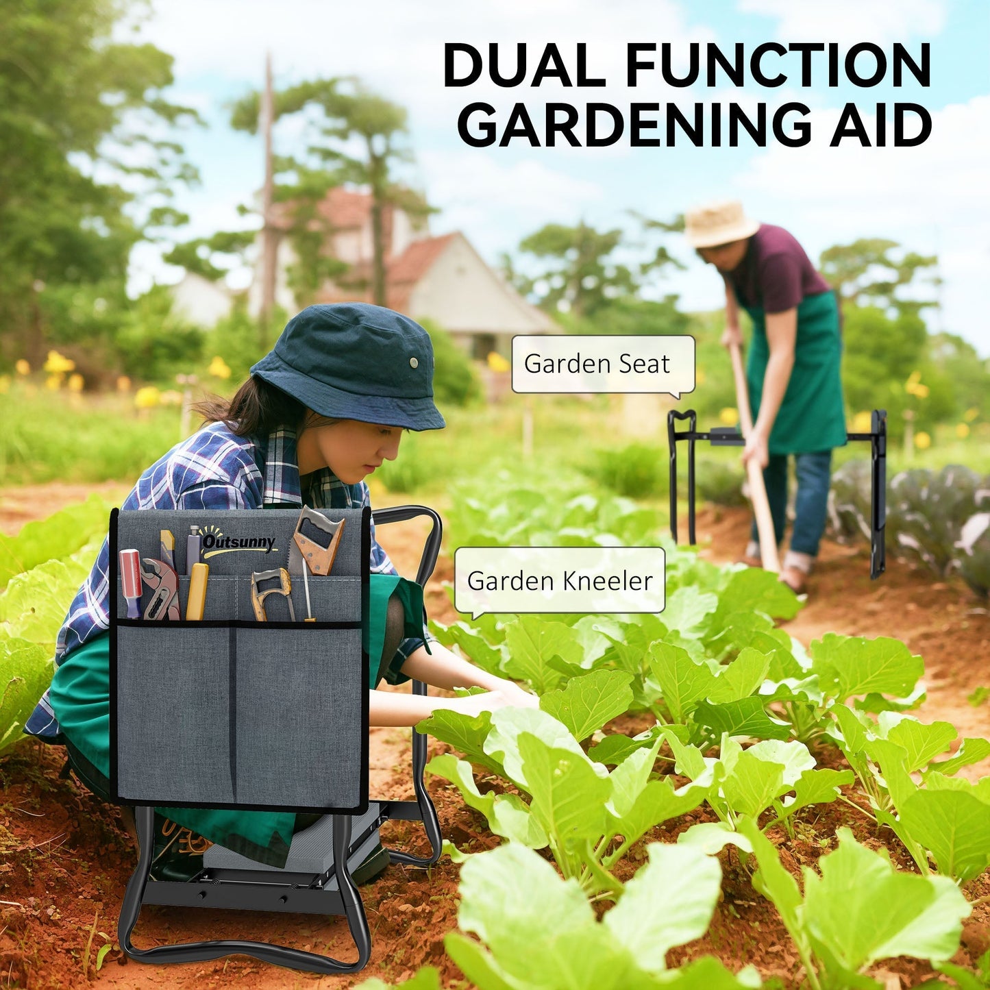 Outsunny Steel Frame Padded Garden Kneeler, with Tool Bag - Grey