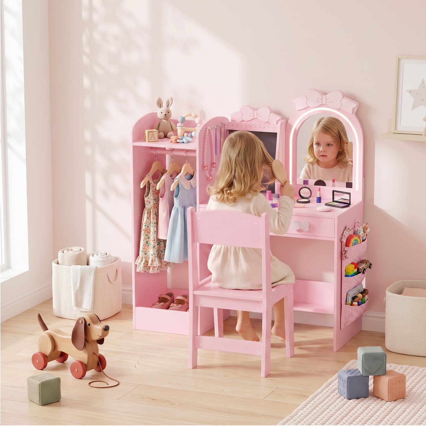 AIYAPLAY Kids Dressing Table, 3-in-1 Kids Vanity Set with Stool, 2-Colour Lights Mirror, Clothes Rack for Ages 3-8, Pink