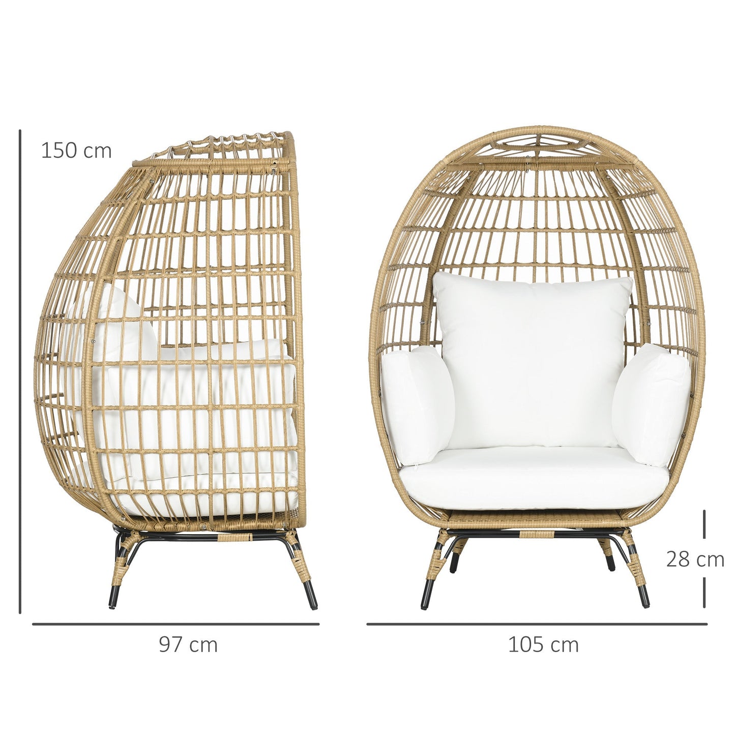 Outsunny PE Rattan Outdoor Egg Chair, Round Wicker Weave Teardrop Chair with Thick Padded Cushions for Sunroom, Garden, Khaki