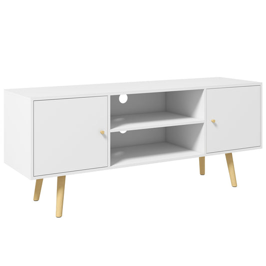 TV Unit Cabinet for TVs up to 55 Inches, TV Stand with Storage Shelves and Wood Legs for Living Room, White