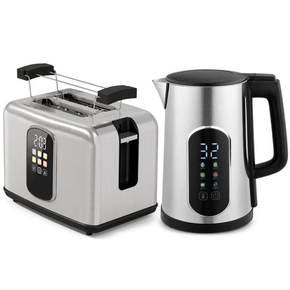 HOMCOM Kettle and Toaster Set with LED Touch Screen, Kettle with Strix Thermostat, 2 Slice Toaster w/ 6 Browning Levels, Silver